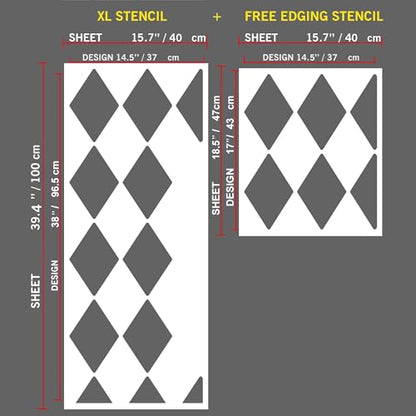 PINKIPO®, Harlequin Design, (16""x40"") XL Stencil, Ethnic Large Wall Stencil, Classic Geometric Wall Stencils for Painting, Stencils for Walls, Simple Wall Stencil, Milky White