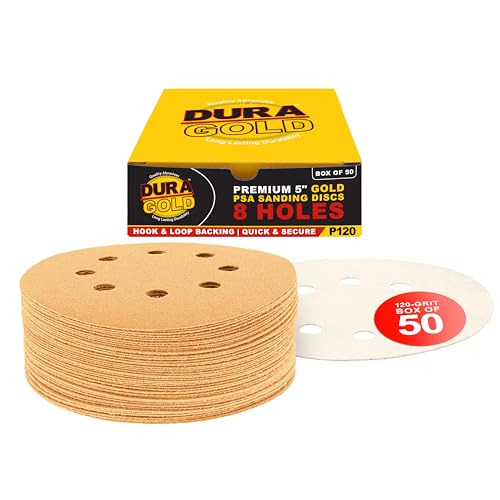 Dura-Gold 5" Gold Sanding Discs, 120 Grit, Box of 50, 8 Hole Pattern, H & L - size: 120-Grit - Gold