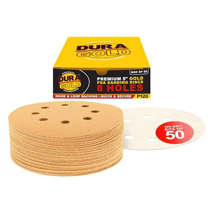 Dura-Gold 5" Gold Sanding Discs, 120 Grit, Box of 50, 8 Hole Pattern, H & L - size: 120-Grit - Gold
