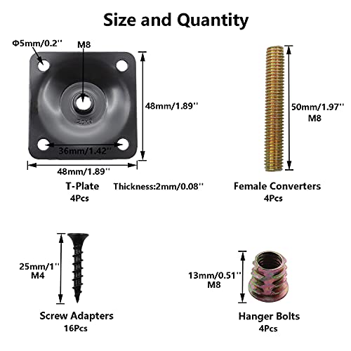 4PCS Leg Mounting Plate,TTZEZE Heavy Duty Top Plate for Leg,Leg Attachment Plate,Industrial Strength T-Plate Leg with Hanger Bolts & Screws for Strengthen Weak Furniture Repair Damaged Sofa Couch Seat - size: 9 Degree
