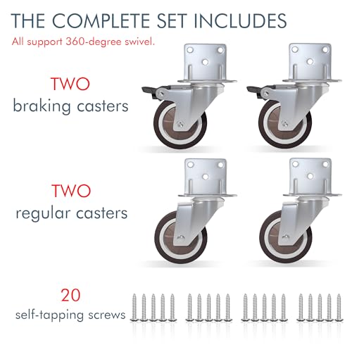 2 Inch Side Mount Casters 4-Pack with 2 Swivel & 2 Brake, L-Shape Plate for Furniture, Cabinets, Coffee Tables, Plant Stands, Smooth Rolling Quiet Light Duty Rubber Wheels