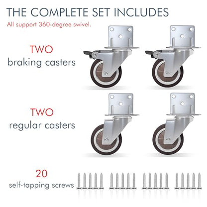 2 Inch Side Mount Casters 4-Pack with 2 Swivel & 2 Brake, L-Shape Plate for Furniture, Cabinets, Coffee Tables, Plant Stands, Smooth Rolling Quiet Light Duty Rubber Wheels