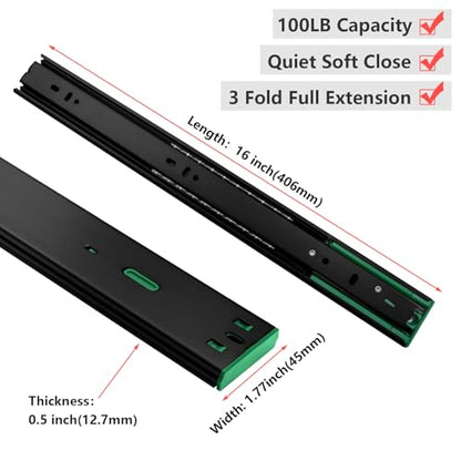 homdiy 10 Pairs Black Soft Close Drawer Slides 16 Inch Side Mount Runners - color: Black, size: 16 Inch