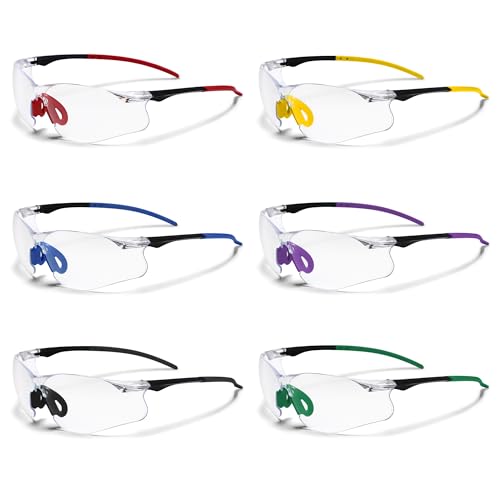 Clear Safety Glasses 6 Pack, Protective Eyewear UV Protection Safety Goggles ANSI Z87.1 Impact&Scratch Resistant, Eye Protection with Nose Pads Tip Temples Multicolor, for Work Construction Lab - color: Clear Lens/Multicolor Temples, size: 6 Pack