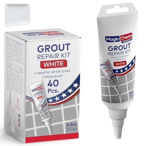 Magic Chems Tile Grout Repair, White 8.8 oz/250gr. Fast Drying Grout Repair Kit, Grout Filler Tube Repair Kit, Tile Grout Paint, Grout Sealer Restore and Renew Bathroom Floor, Tile Gaps, Joints, Lines - color: White, size: 40 Pack
