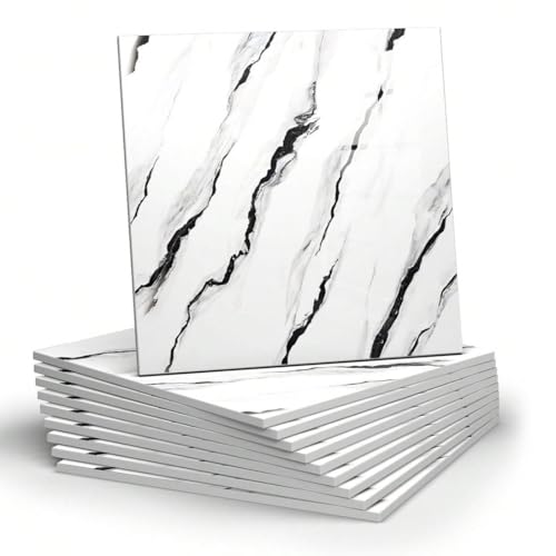 Chejiaye 10pcs Marble Peel and Stick Backsplash Waterproof Washroom Wall Panels, Peel and Stick Tile, PVC Foam Wall Panels for Kitchen,Bathroom,living room,White and Black(Not Real Tile,11.8" x 11.8") - color: White and Black, size: 11.8" x 11.8" x 10Pack