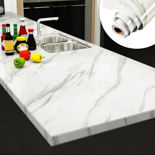 YENHOME Marble Countertop Contact Paper 393x30 inch Marble Granite White Contact Paper for Cabinets Self Adhesive Peel and Stick Wallpaper Waterproof Removable Wallpaper for Bathroom Counter Kitchen - size: 30" x 393"