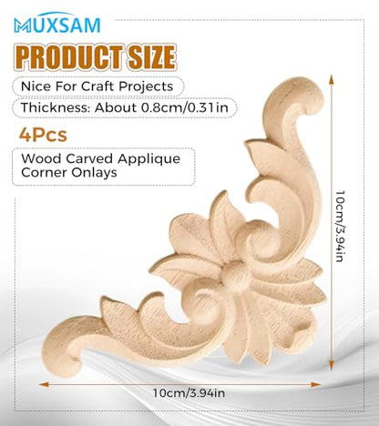 4Pcs Wood Carved Onlay Appliques, Unpainted Wooden Corner Carving Decals - size: 3.94 x 3.94 inches