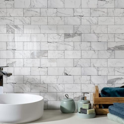 Vamos Tile 100-Piece Glossy Statury White Peel and Stick Backsplash Tile - color: Statury White with Dark Gray Grout
