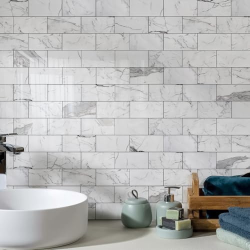 Vamos Tile 100-Piece Glossy Statury White Peel and Stick Backsplash Tile - color: Statury White with Dark Gray Grout