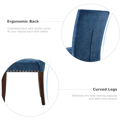COLAMY Upholstered Parsons Dining Chairs Set of 2, Fabric Dining Room Kitchen Side Chair with Nailhead Trim and Wood Legs - Dark Blue - color: F-darkblue, size: Set of 2