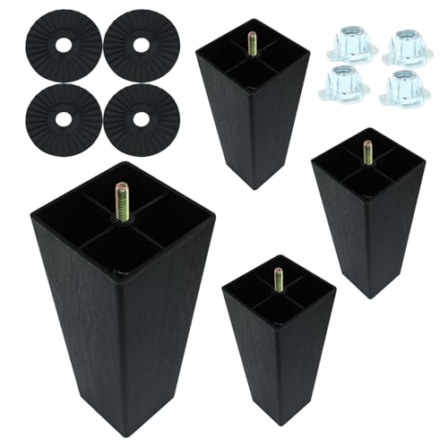 8 Inch Plastic Furniture Legs, Square, Black, 4Pcs - size: 8 Inch