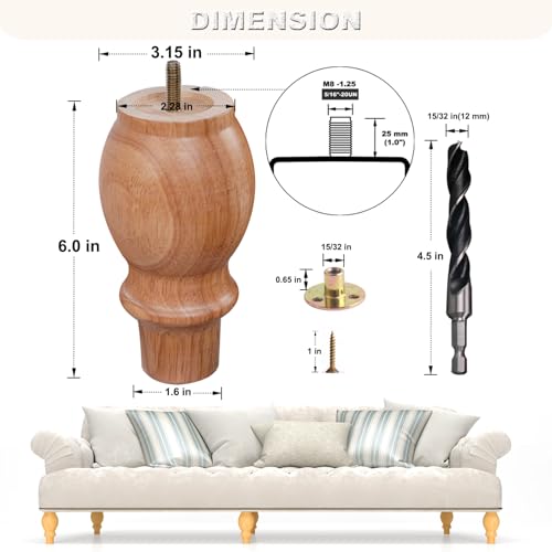 DWYL & LWYD Set of 4 Wood Furniture Legs 6 Inches Heavy Duty, Rubberwood Replacement Couch Legs Sofa Legs Cabinet Legs Dresser Legs Wooden Feet for Furniture (Varnish Finish,6 Inches Height) - color: Varnished, size: 6 Inch