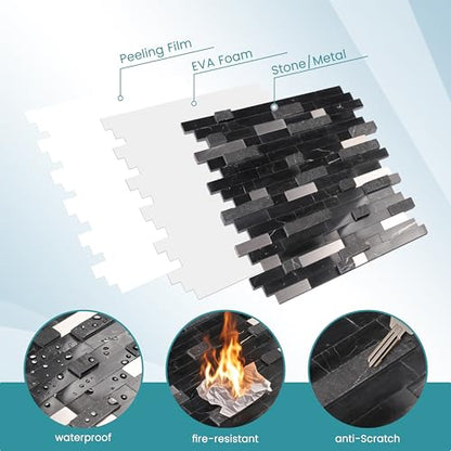 Nicesungdeco Peel and Stick 3D Natural Stone Mosaic Backsplash Tiles, 12" x 12" 5-Sheet Backsplash Self Adhesive Tiles for Kitchen Fireplace Vanity (Black Silver) - color: BLACK SILVER