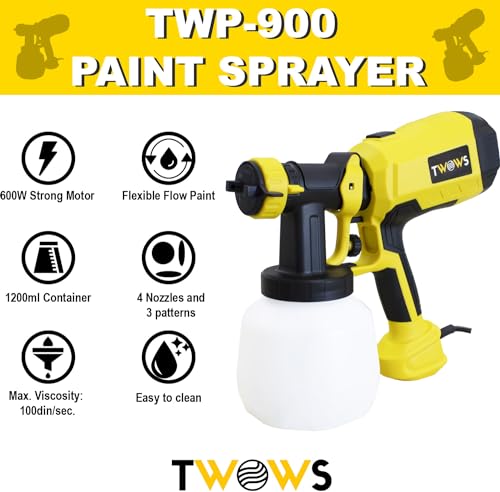 TWOWS, Paint Sprayer, 600W, HVLP Paint Gun, with 1200Ml Container, Cleaning & Viscosity Cup,4 Copper Nozzles and 3 Patterns, for House, Walls, Furniture, Carbinets, Fence, Door etc, Easy to Clean.