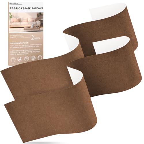 Velvet Couch Repair Patch Self Adhesive, Large Fabric Patch for Sofa & Furniture, No Sewing Repair Tape for Upholstery, Car Seat & Handbag (4.3" x 30", 2 Pack, Brown)