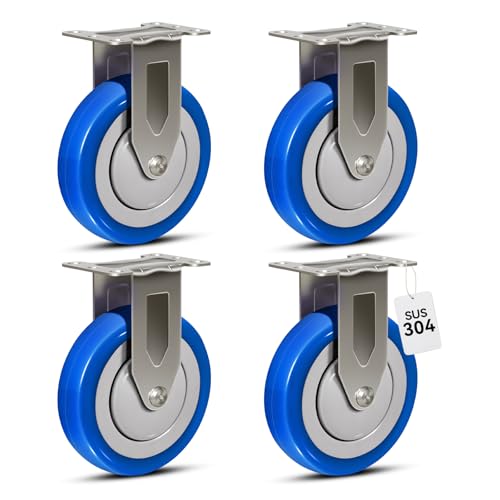 5" Stainless Steel Casters, Rigid Industrial Casters Set of 4 Heavy Duty, Anti-Corrosion Rust-Proof Plate Polyurethane Caster Wheels for Cart (4 Rigid) - style: 4 Rigid