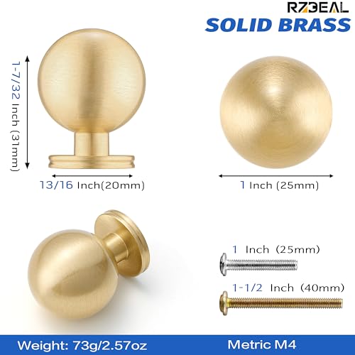 RZDEAL 1 Inch Gold Ball Cabinet Knobs Solid Brass Kitchen Cabinet Hardware Brushed Brass Dresser Drawer Pulls Knobs,4 Pack - size: 1 Inch