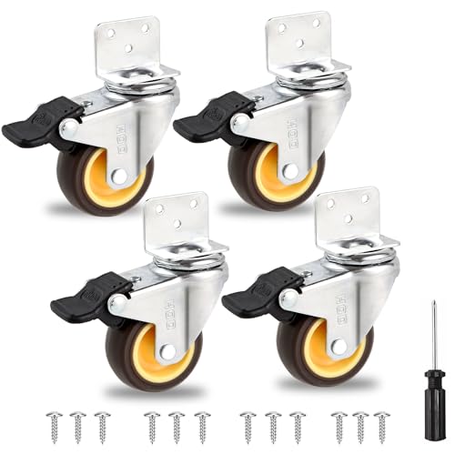 HOD Side Mount Casters with Brake, 2 Inch L-Shaped Small Caster Wheels Set of 4, Furniture Casters 360° Swivel Wheels for Furniture, Table, Baby Bed, Carts Trolley, Cabinet, Loading Capacity 180Lbs - style: 2-inch Brakes