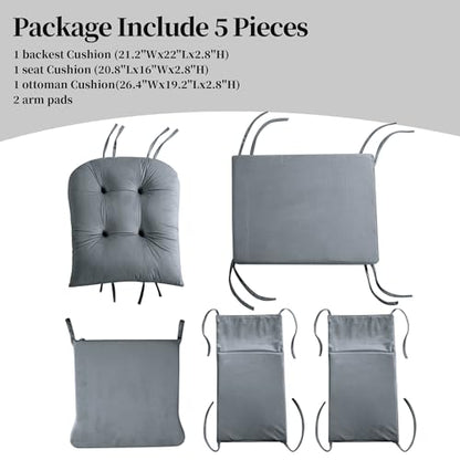 HOMBYS Glider Rocker Replacement Cushions 5 PCS with Storage Side Pocket, Velvet Fabric, Foam & Microfiber Filling, Non-Slip & Washable,Thickened & Supportive, Designed for Glider Rocking Chair - color: Grey
