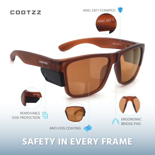 Safety Glasses ANSI Z87.1 - Anti-Fog Impact Resistant Protective Eyewear for Men & Women - Removable Side Shields - color: Tea Brown / Brown Lenses