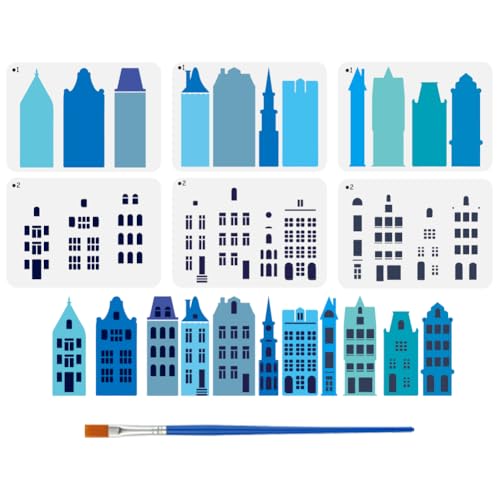 FINGERINSPIRE 6PCS Layered Buildings Painting Stencil with Plastic Brush 8.3x11.7inch Reusable Building Silhouette Template Decorative Architecture Theme Stencil for Adults Painting on Floor Furniture - style: Layered Buildings