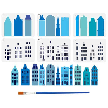 FINGERINSPIRE 6PCS Layered Buildings Painting Stencil with Plastic Brush 8.3x11.7inch Reusable Building Silhouette Template Decorative Architecture Theme Stencil for Adults Painting on Floor Furniture - style: Layered Buildings