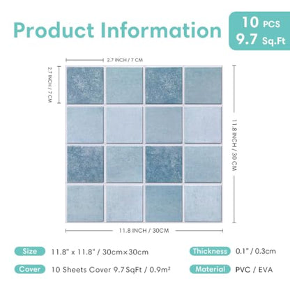 Commomy Matte 3D Peel and Stick Tile,10 Pcs 11.8"x11.8" Retro Blue - color: Retro Textured Blue