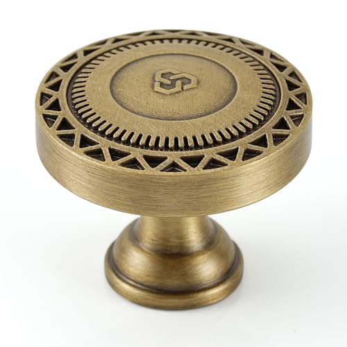 2 Pack Solid Brass Cabinet Knobs, Industrial Style Drawer Knobs, Brushed Antique Brass Cabinet Knobs for Kitchen, Bathroom, and Furniture - size: Knob-B