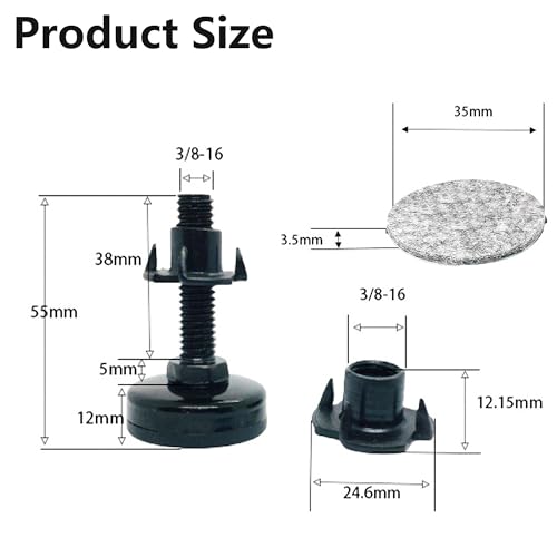 4 Pcs 3/8"-16 Adjustable Thread Furniture Feet Levelers