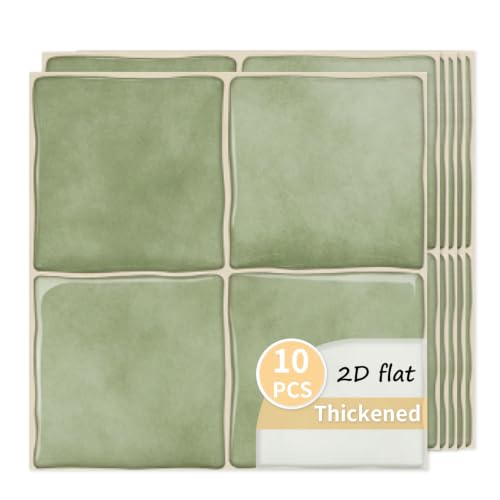 10pcs Peel and Stick Light Green Backsplash Tiles – 7.87in x 7.87in Self-Adhesive Kitchen Wall Tiles, Bathroom Wall Panels, Modern DIY Stick On Tiles, Home Decor - color: Muted green