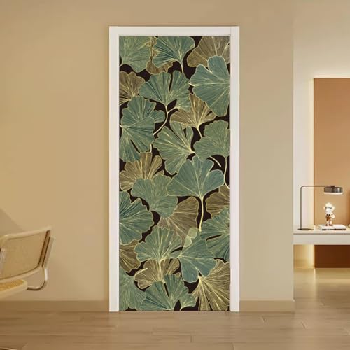 arricraft 2 Sheets Ginkgo Self-Adhesive Door Sticker, 31.5x78.7inch Golden and Green Ginkgo Door Murals Stickers PVC Removable Wallpaper Decoration for Bedrooms Living Room - style: Green Ginkgo
