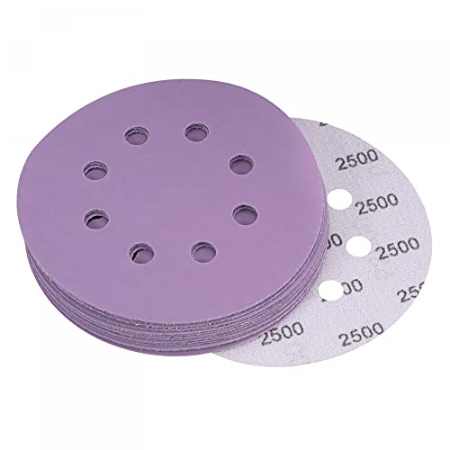uxcell 15Pcs 5-Inch Purple Sanding Discs 2500 Grits 8 Hole Hook and Loop Professional Aluminum Oxide Sand Paper Wet Dry Polish for Wood Metal Paint Finish - style: 2500 Grit