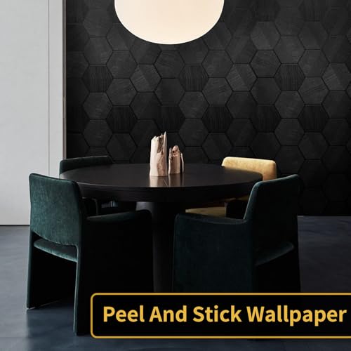 Black Peel and Stick Wallpaper Self Adhesive 3D Hexagon Geometric - color: Black Hexagon, size: 15.7" x 118.1"