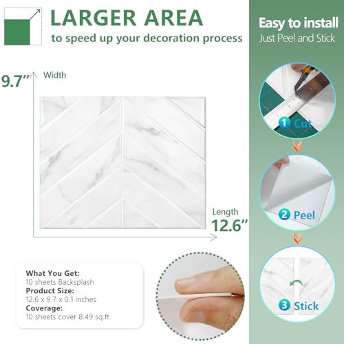 STICKGOO Herringbone Peel and Stick Backsplash, White Marble, 10 Sheets - color: Glossy White Marble, size: Pack of 10
