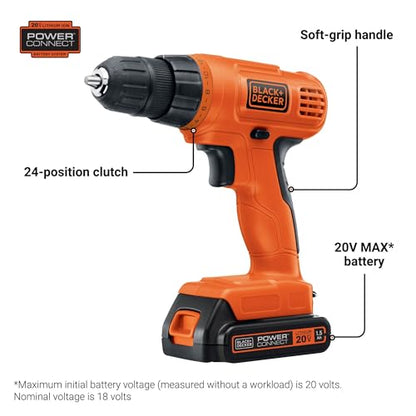 BLACK+DECKER 20V MAX POWERCONNECT Power Drill Cordless Drill Driver Electric Screwdriver with 30 Piece Bit Set, Battery and Charger Included (LD120VA)