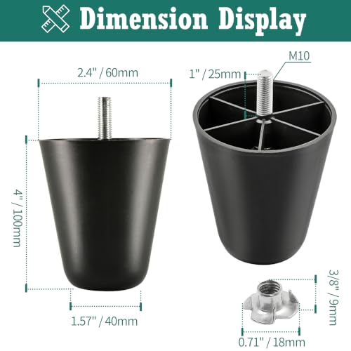 4pcs Plastic Furniture Legs 4" with T-Nuts, M10-1.5 Thread Bolt - size: 4 Inch, M10-1.5 Metric Thread Bolts