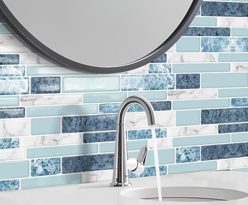DEWOO Peel and Stick Backsplash 3D Self Adhesive Wall Tile Blue 10 Sheet - color: Marble Blue