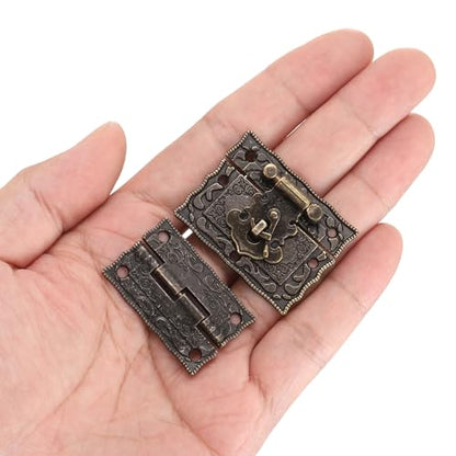 uxcell 2pcs Mini Retro Bronze Alloy Latch Locks and 4pcs Engraved Hinges, 40 x 30mm Latch Buckle and Pattern Hinge with 24pcs Screws for Decorative Cabinet Small Wooden Box - size: 40 x 30mm