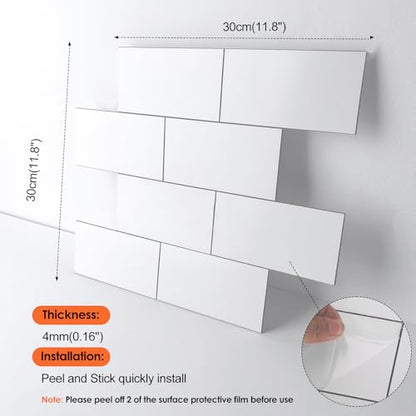 10- Sheet Polished White Peel and Stick Backsplash,11.8'' x11.8'' Luxury PVC Ceramic Look Self Stick Subway Tiles, Waterproof Peel and Stick Wall Tiles for Kitchen and Bathrrom - color: Soft-Glossy White