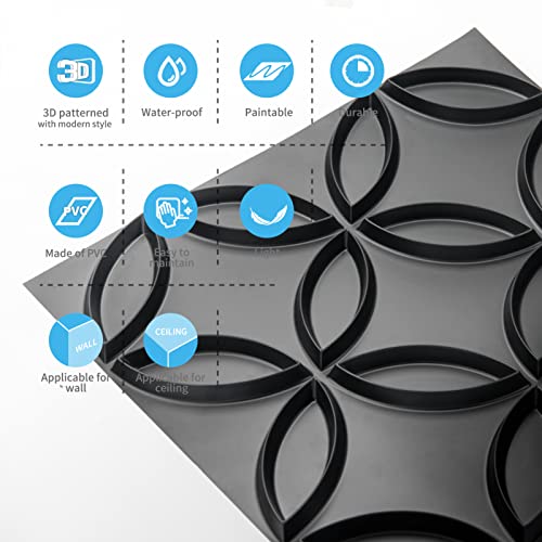 Art3d PVC 3D Wall Panel Interlocked Circles, Cover 32 Sq.ft, Matt Black - color: Black