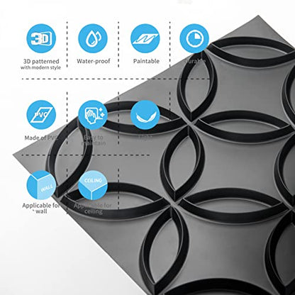 Art3d PVC 3D Wall Panel Interlocked Circles, Cover 32 Sq.ft, Matt Black - color: Black