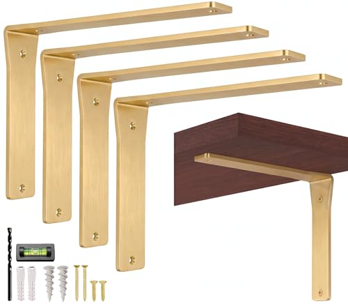 4 Pack Heavy Duty Brass Shelf Brackets 10 Inch by Balin Designs – Decorative L Bracket for Shelves, Metal Shelf Support Bracket, Wall Mounted Countertop Iron Corbels, Floating Gold Shelving Brackets - color: Gold Viva, size: 10 inches