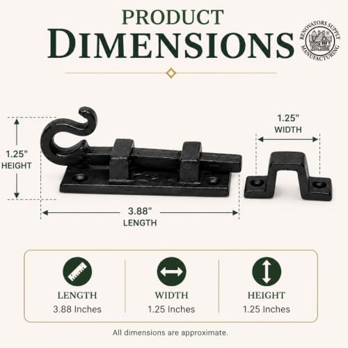 Renovators Supply Manufacturing Black Slide Bolt Door Latch 3 7/8 in. Long Wrought Iron Metal Surface Sliding Bolts with Catch for Cabinet Doors Rust Resistant Security Locks with Hardware Pack of 2 - size: Pack of 2, style: 3.88 inch - Curled Tail