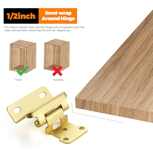 Ravinte Gold Semi-Overlay 1/2 inch Self-Closing Hinges, 50 Pack - color: Gold