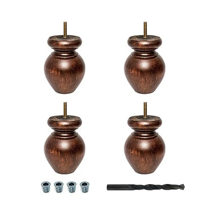 OUTWATER 4-1/2 in. H x 3-1/4 in. Dia Stained Cherry Solid Hardwood Bun Foot Leg for Furniture 4 Pack with 4 Free Insert Nuts and Drill Bit - color: Cherry
