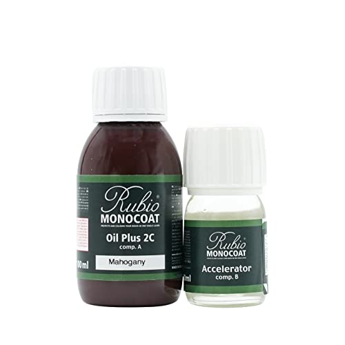 Rubio Monocoat Wood Stain & Finish 65 ft² | Oil Plus 2C | Quick-Dry, Eco-Friendly Linseed Wood Oil for Indoor Use, Includes Accelerator (Part B) | Protector | 130 ml, Mahogany - color: Mahogany, size: 130 ml