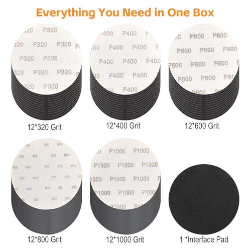 6 Inch 60 Pcs Hook and Loop Sanding Discs Assorted Grits 320 400 600 800 1000 Wet Dry Silicon Carbide with Soft Foam Interface Pad for Orbital Sander Auto Prep Wood Metal - style: 60Pcs 320-1000 Grit