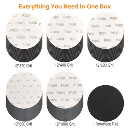 6 Inch 60 Pcs Hook and Loop Sanding Discs Assorted Grits 320 400 600 800 1000 Wet Dry Silicon Carbide with Soft Foam Interface Pad for Orbital Sander Auto Prep Wood Metal - style: 60Pcs 320-1000 Grit