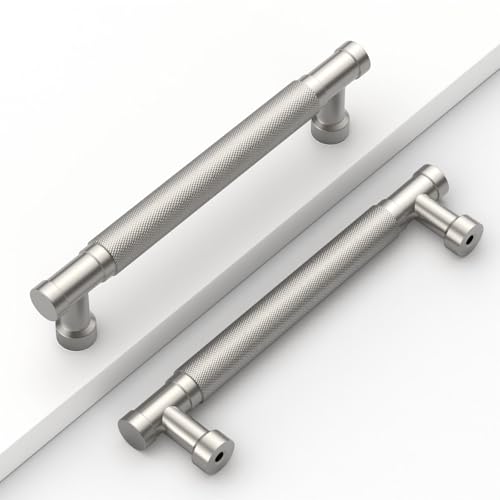 Brushed Nickel Knurled Cabinet Handles Kitchen Pulls 5 Inch 10 Pack - color: Brushed Satin Nickel, size: 5" Hole Center